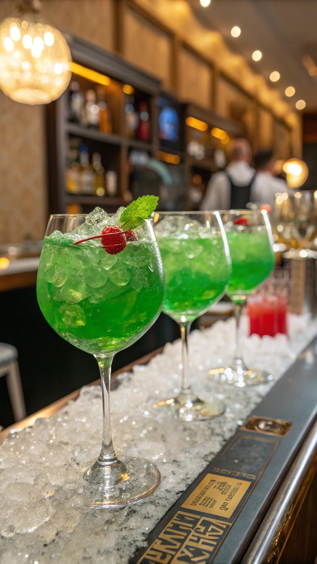 Three emerald green cocktails with mint and cherry garnishes on a bar