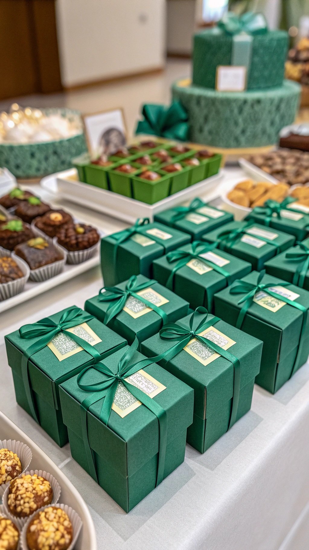 Emerald green wedding favor boxes with ribbons and treats