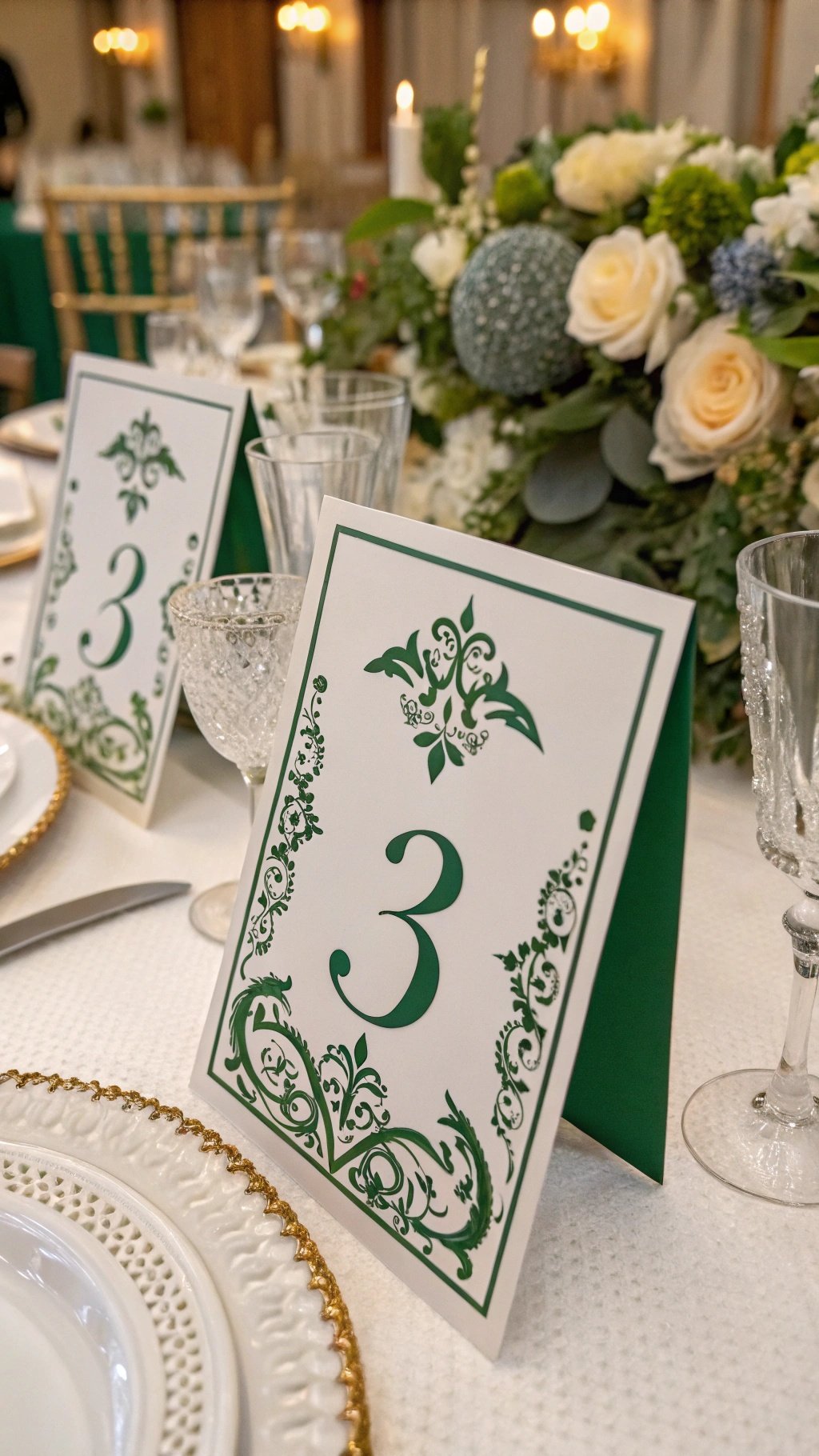Elegant emerald green table numbers with intricate designs on a beautifully set table.