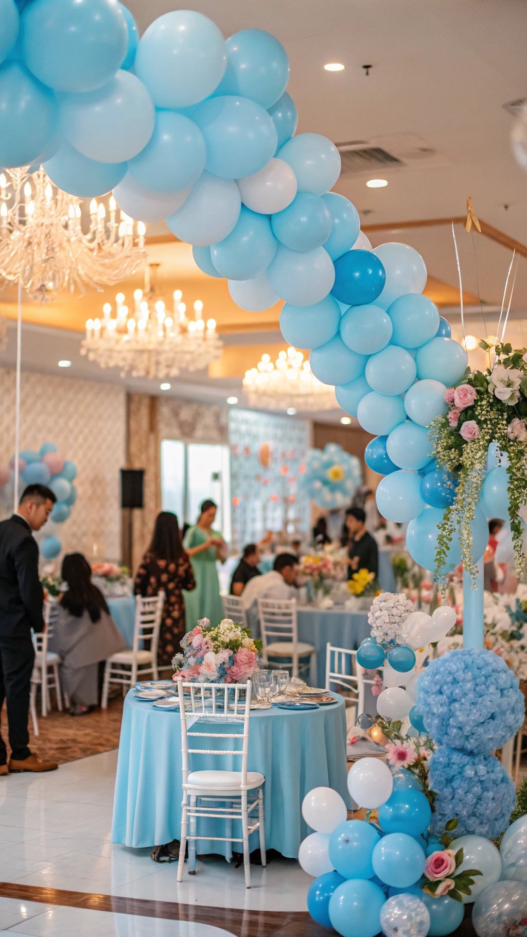 A beautifully decorated wedding reception with baby blue balloons, floral arrangements, and light blue tablecloths.