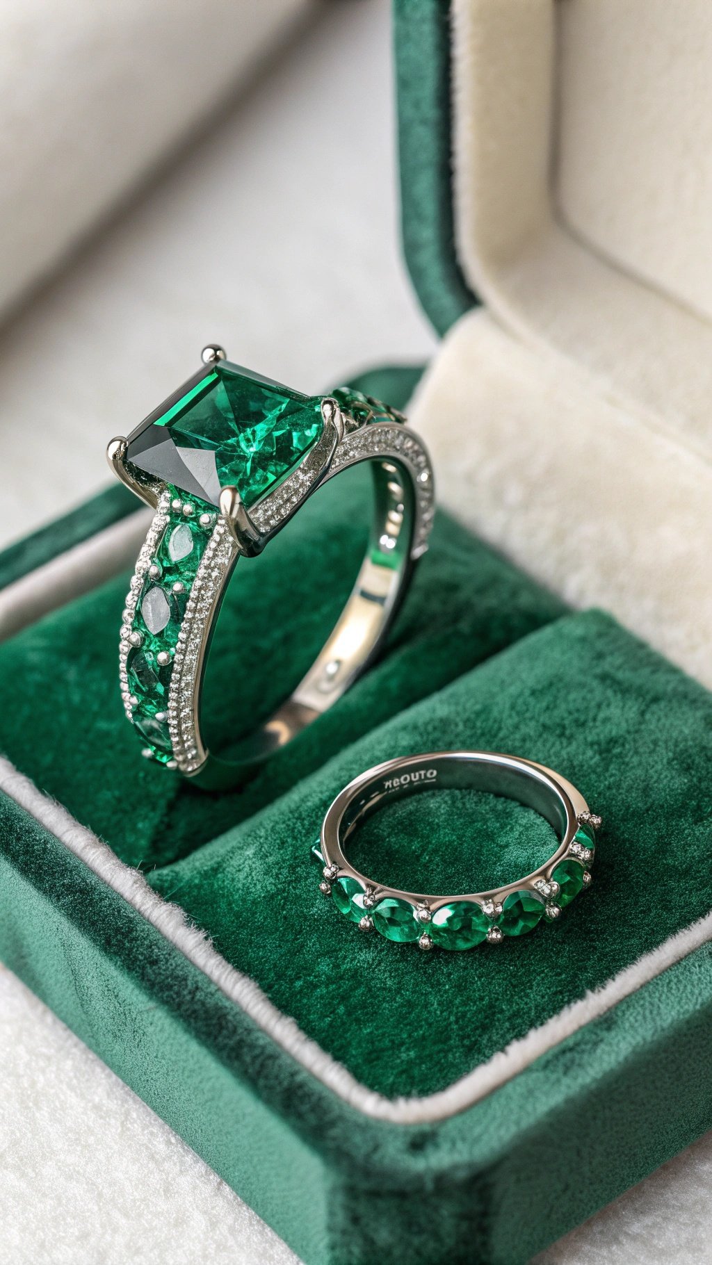 Two emerald green wedding rings on a green velvet background