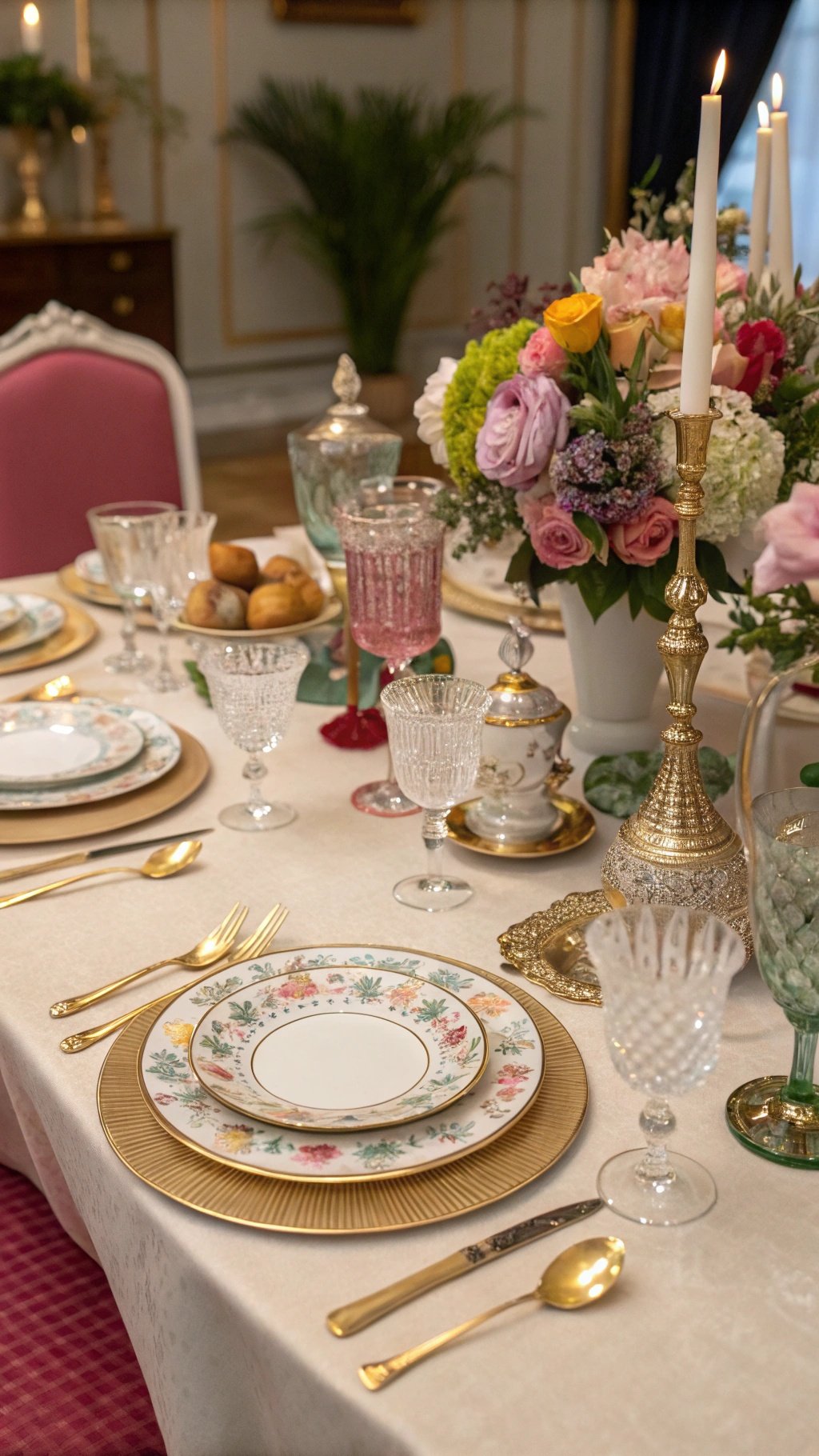 Elegant table setting for a luxurious wedding reception featuring fine china, crystal glassware, and floral arrangements.