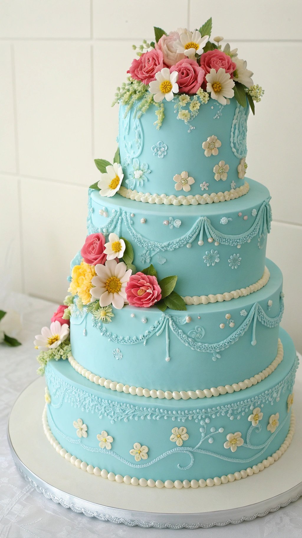 A three-tiered baby blue wedding cake decorated with flowers and intricate designs.