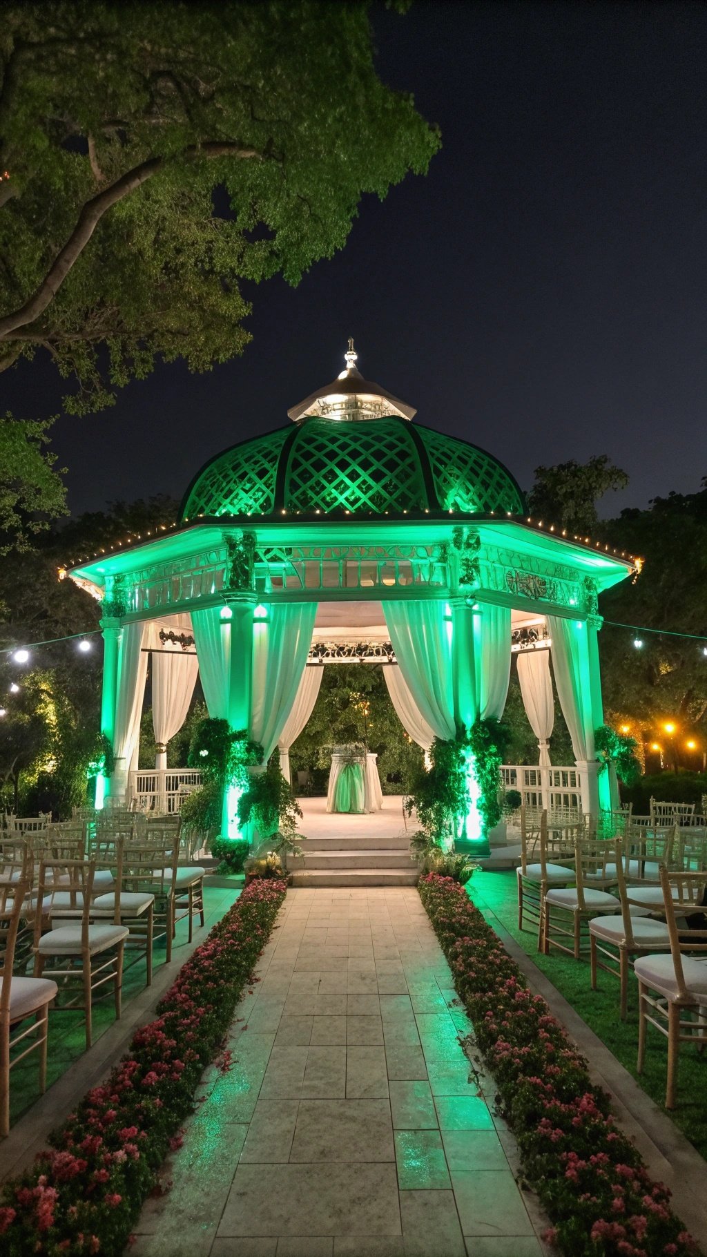 A beautifully lit gazebo in emerald green, surrounded by flowers and seating for a wedding ceremony.