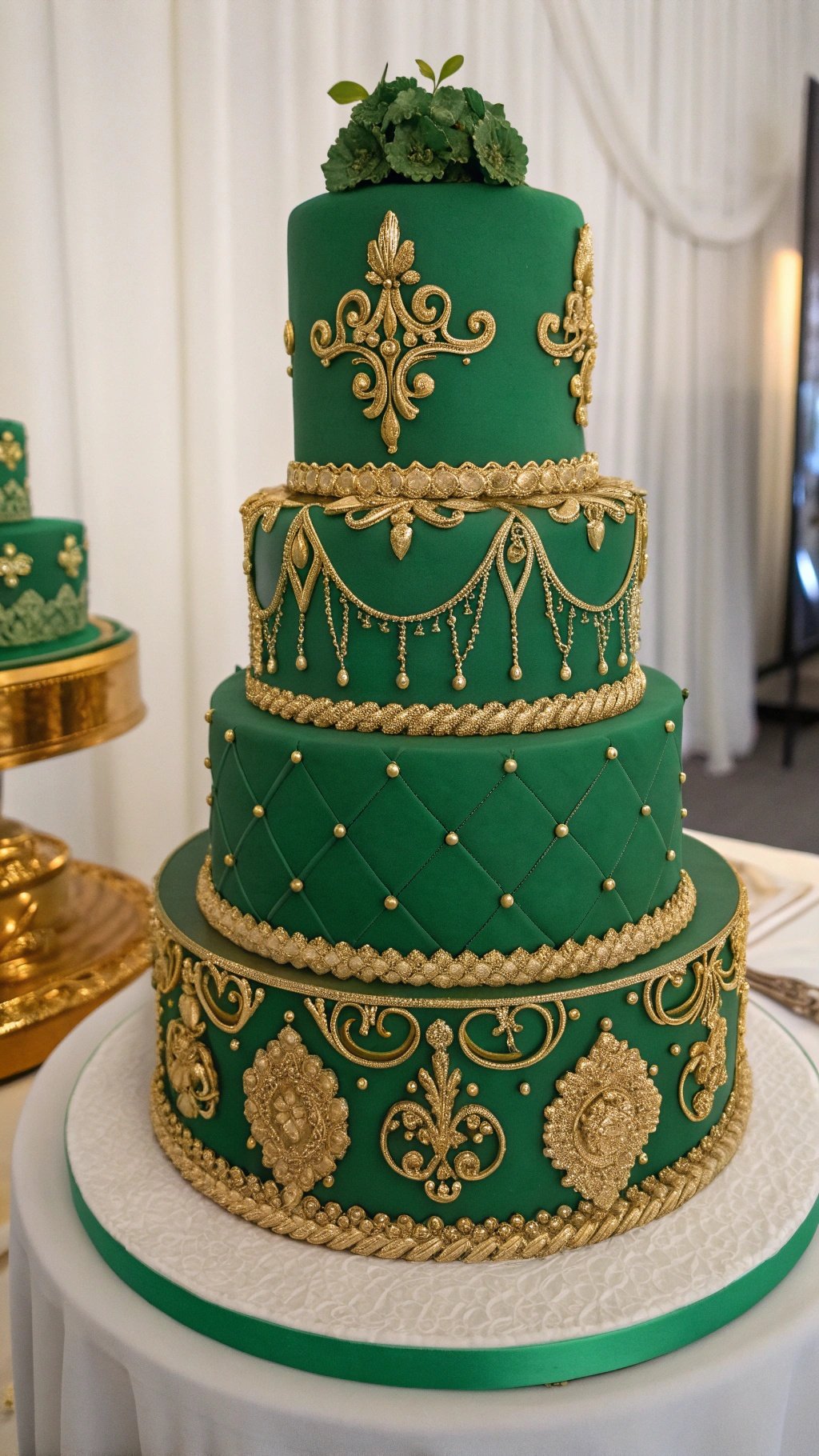 A stunning emerald green wedding cake with gold detailing and fresh greenery on top.