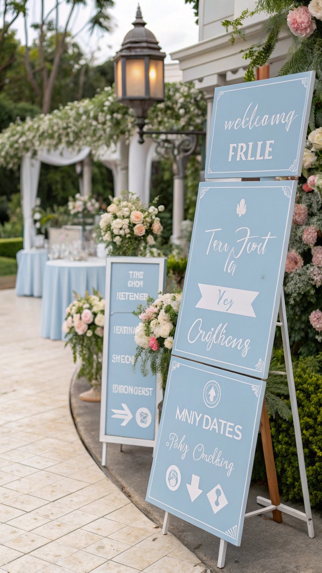 Baby blue wedding signage with floral arrangements and greenery