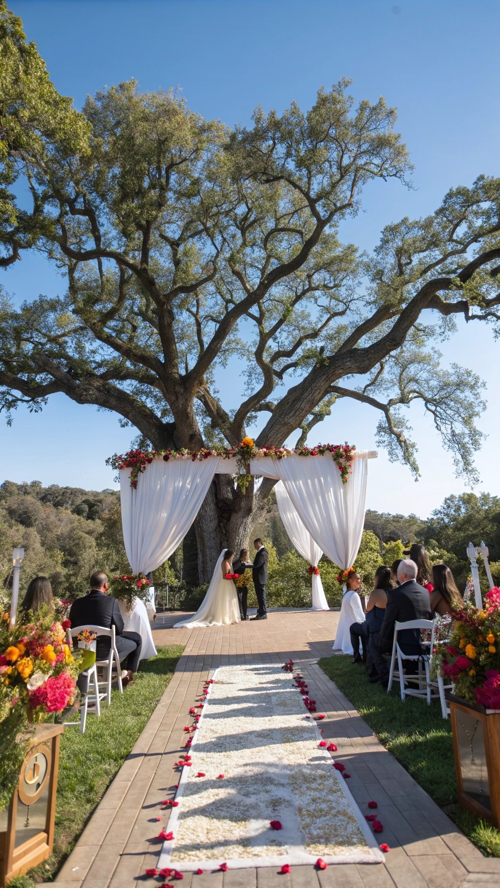 An outdoor wedding ceremony under a large tree with floral decorations and guests seated.