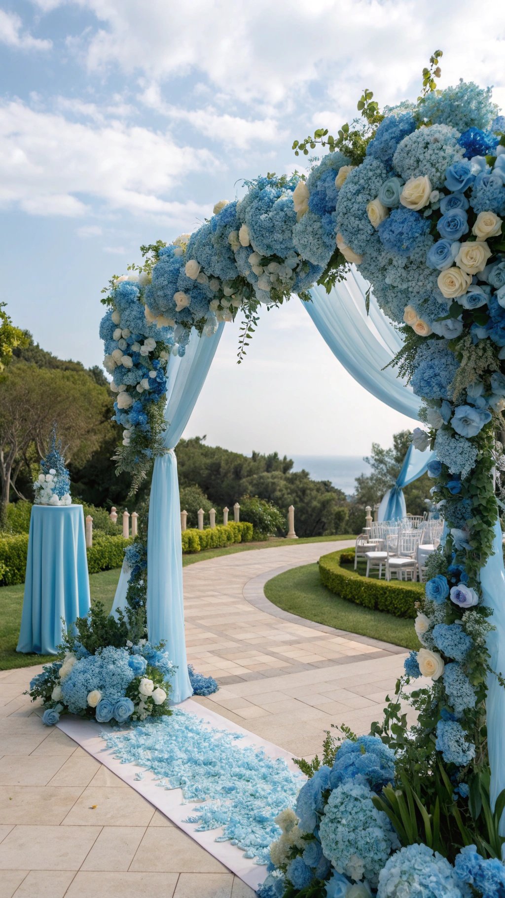 A beautiful wedding arch decorated with blue and white flowers, set in an outdoor venue with a pathway lined with blue petals.