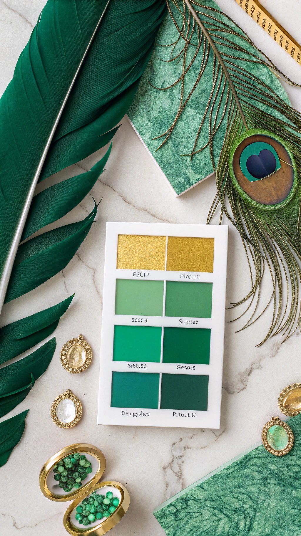 Emerald green and gold color palette with paint swatches, feathers, and jewelry.