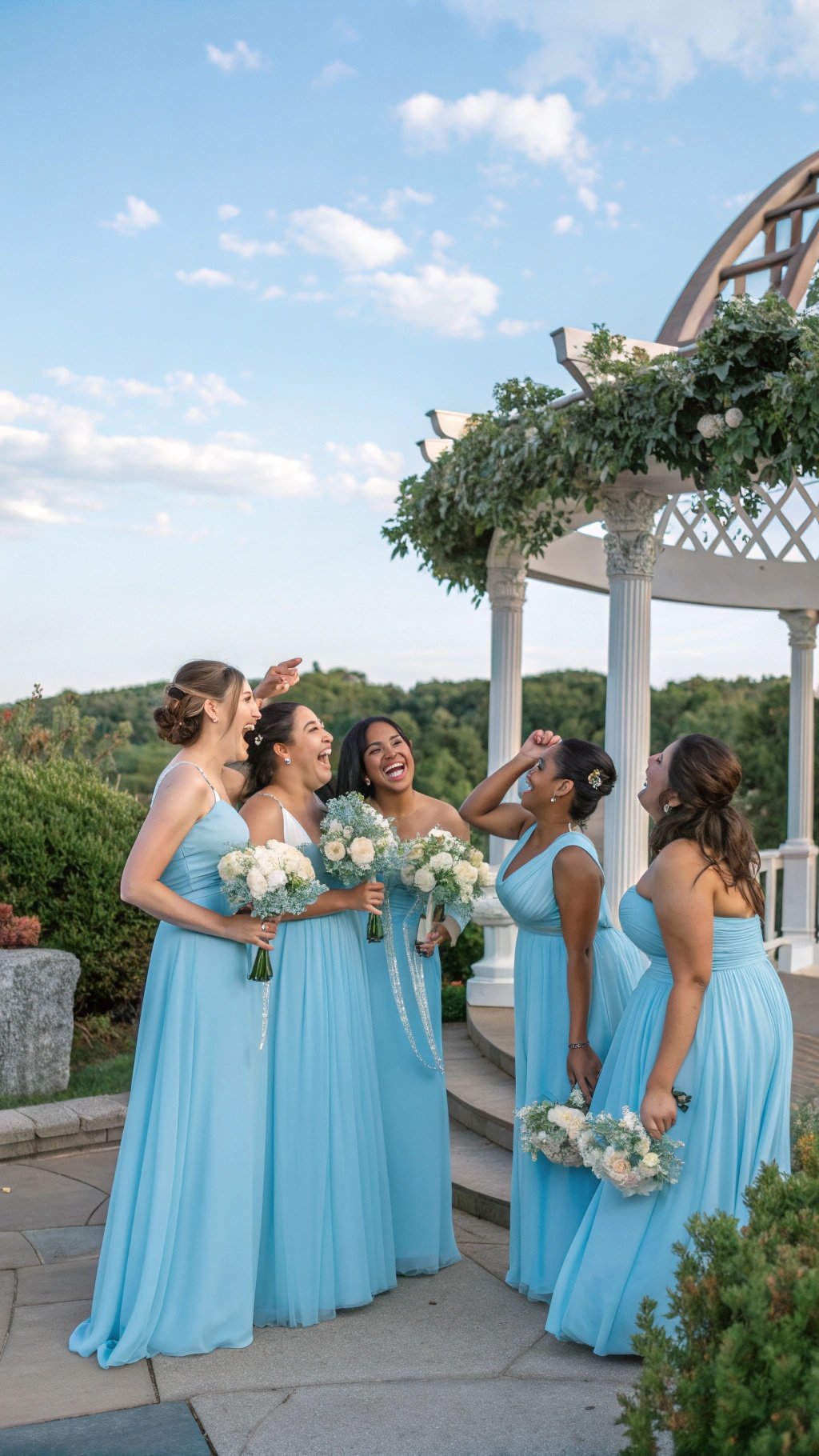 Group of bridesmaids in baby blue dresses laughing together outdoors