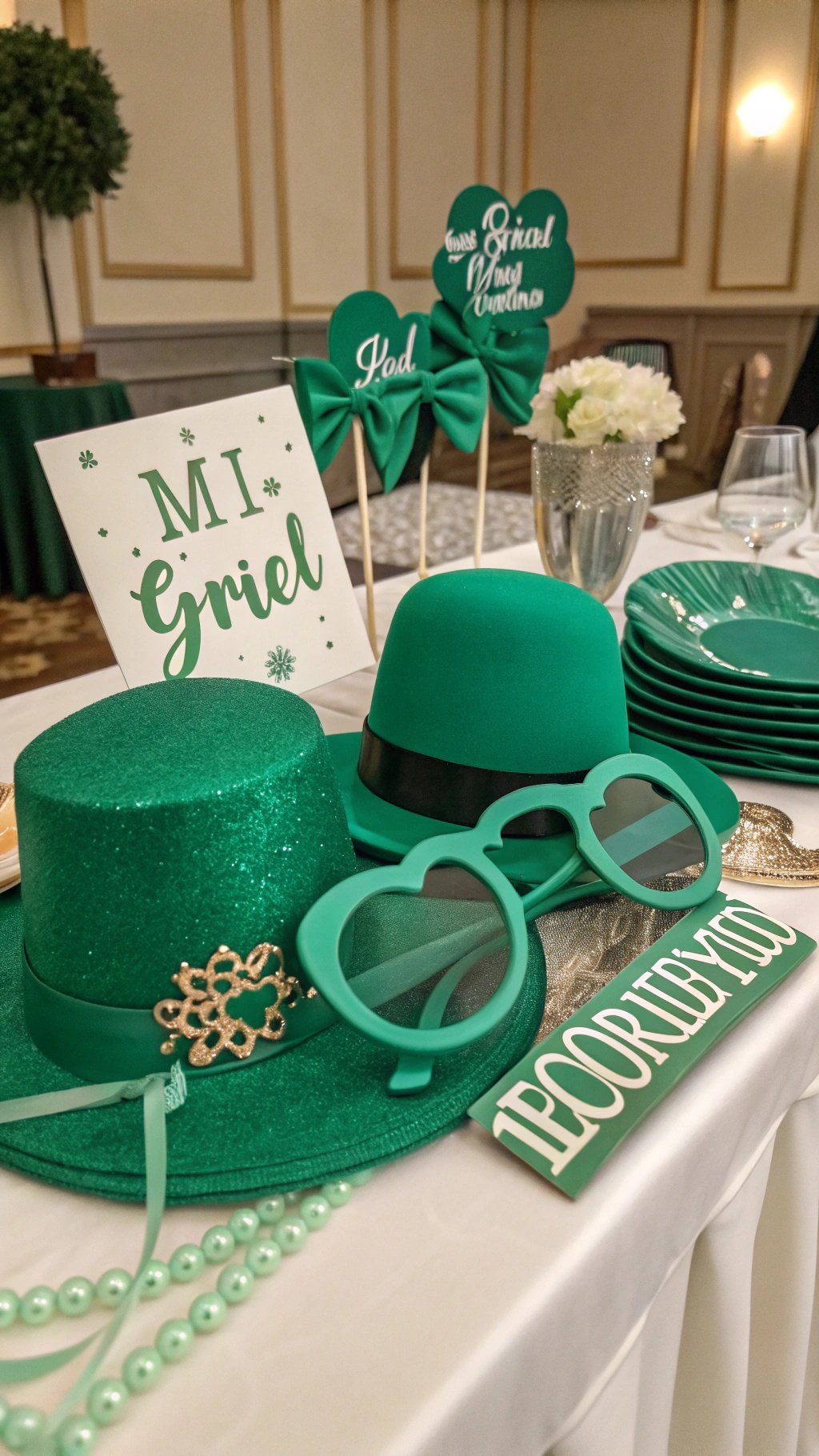 Emerald green wedding photo booth props including hats, sunglasses, and signs