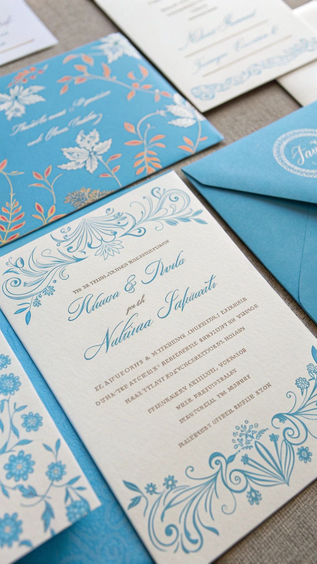 A collection of baby blue wedding invitations featuring floral designs and elegant typography.