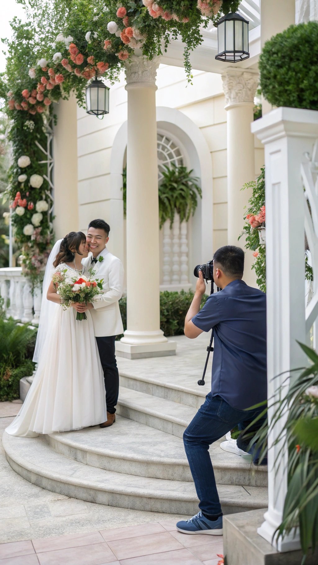 A couple embracing at their wedding, surrounded by flowers and a photographer capturing the moment.