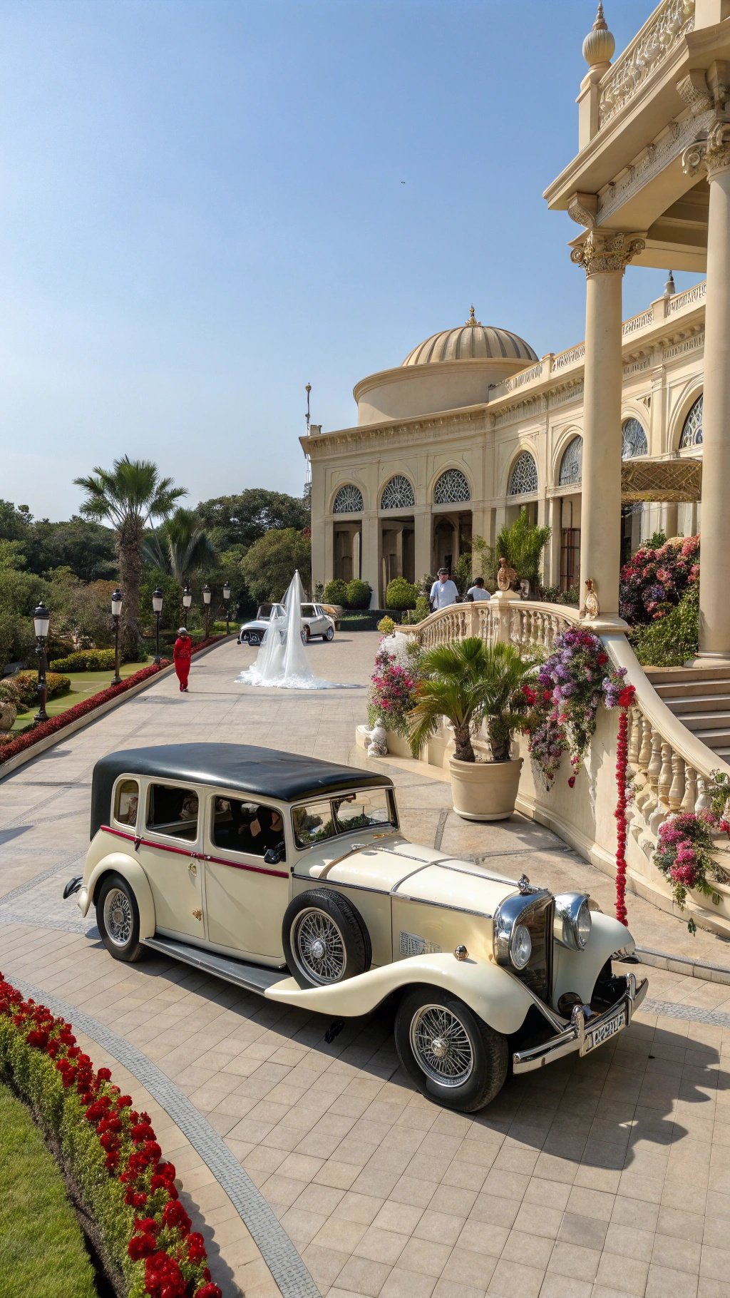 A vintage car parked outside a grand venue, surrounded by lush gardens and elegant architecture.