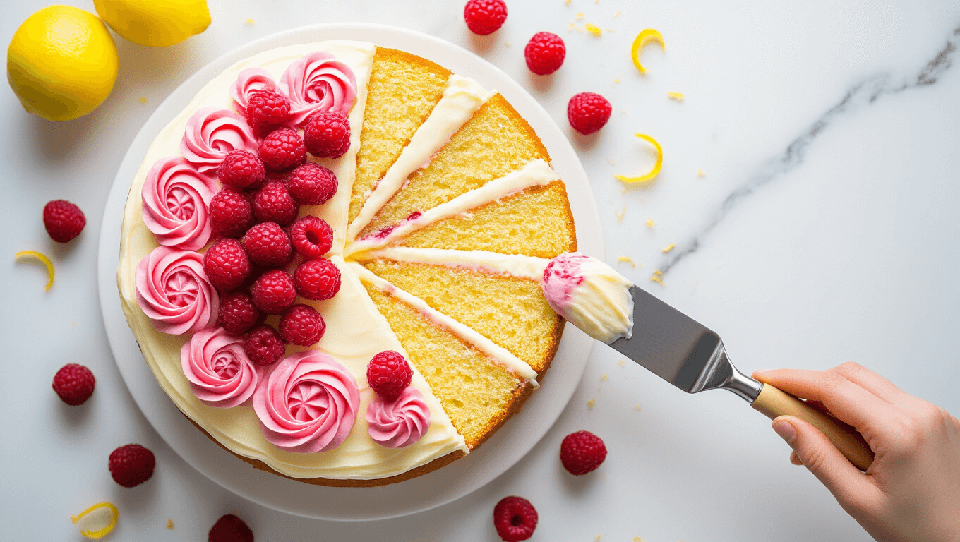 Cinematic overhead view of an elegant raspberry lemon cake with vibrant pink swirls and fluffy cream cheese frosting, adorned with fresh raspberries and lemon zest, set on a white marble surface with soft natural lighting and inviting bakery ambiance.