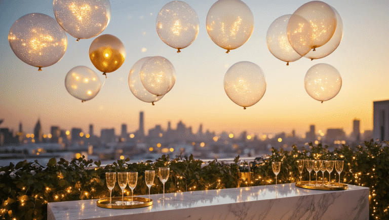 Cinematic rooftop party at golden hour, featuring luminous bobo balloons and elegant decor with a blurred city skyline backdrop.