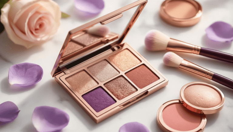 Elegant rose gold eyeshadow palette open on a white marble surface, surrounded by soft makeup brushes, purple flower petals, and peachy-pink blush compacts, with diffused natural light creating a romantic glow.