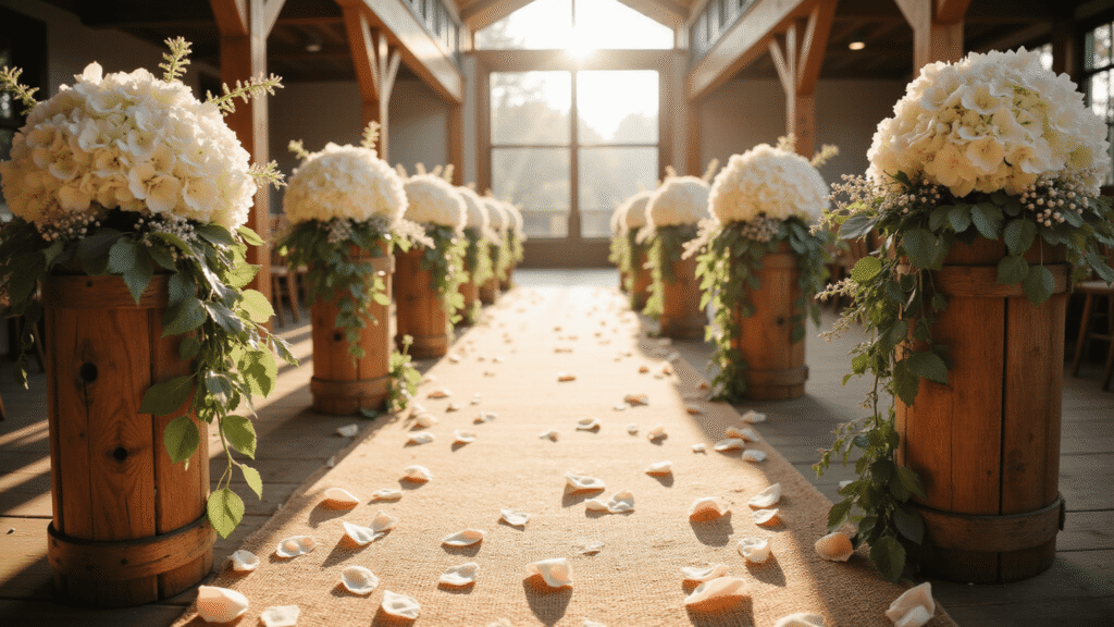 Cinematic wide-angle shot of a rustic barn wedding aisle adorned with white hydrangeas, eucalyptus, and blush rose petals, illuminated by soft golden morning sunlight, featuring weathered wooden pedestals, a jute burlap runner, and vintage wooden chairs in the background, evoking a romantic and elegant atmosphere.