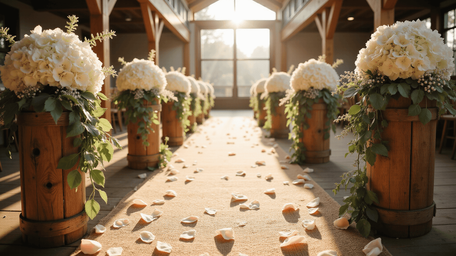 Cinematic wide-angle shot of a rustic barn wedding aisle adorned with white hydrangeas, eucalyptus, and blush rose petals, illuminated by soft golden morning sunlight, featuring weathered wooden pedestals, a jute burlap runner, and vintage wooden chairs in the background, evoking a romantic and elegant atmosphere.