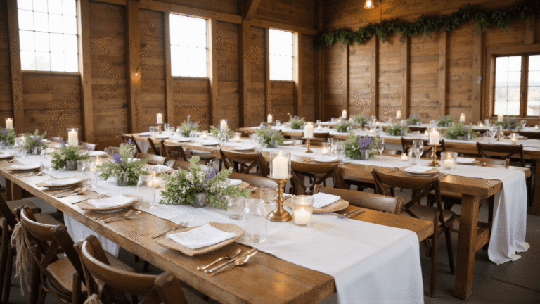 A warm, rustic farmhouse wedding reception in a barn, showcasing long wooden tables adorned with ivory linens, wildflower mason jar centerpieces, vintage candles, and greenery garlands, illuminated by golden hour sunlight.