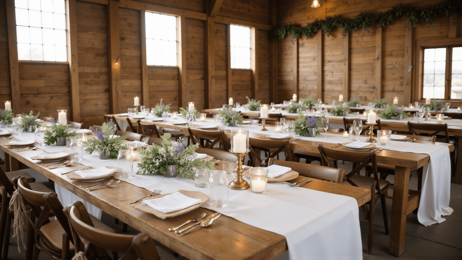 A warm, rustic farmhouse wedding reception in a barn, showcasing long wooden tables adorned with ivory linens, wildflower mason jar centerpieces, vintage candles, and greenery garlands, illuminated by golden hour sunlight.
