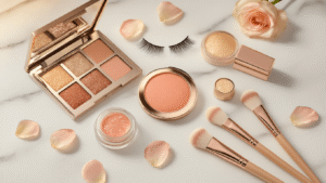 Soft Glam Wedding Makeup: The Perfect Balance Between Natural and Glamorous A luxurious soft glam bridal makeup display on a white marble surface, featuring champagne and rose gold eyeshadow palettes, dewy primer, peach blush, natural false eyelashes, precision brushes, contour stick, and highlighter, surrounded by scattered rose petals and shimmer particles in warm golden hour lighting.
