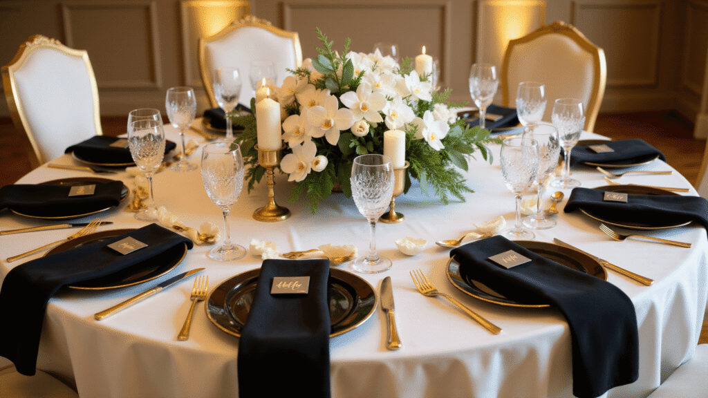 Elegant wedding reception tablescape featuring white orchids, black and gold accents, and soft golden hour lighting.