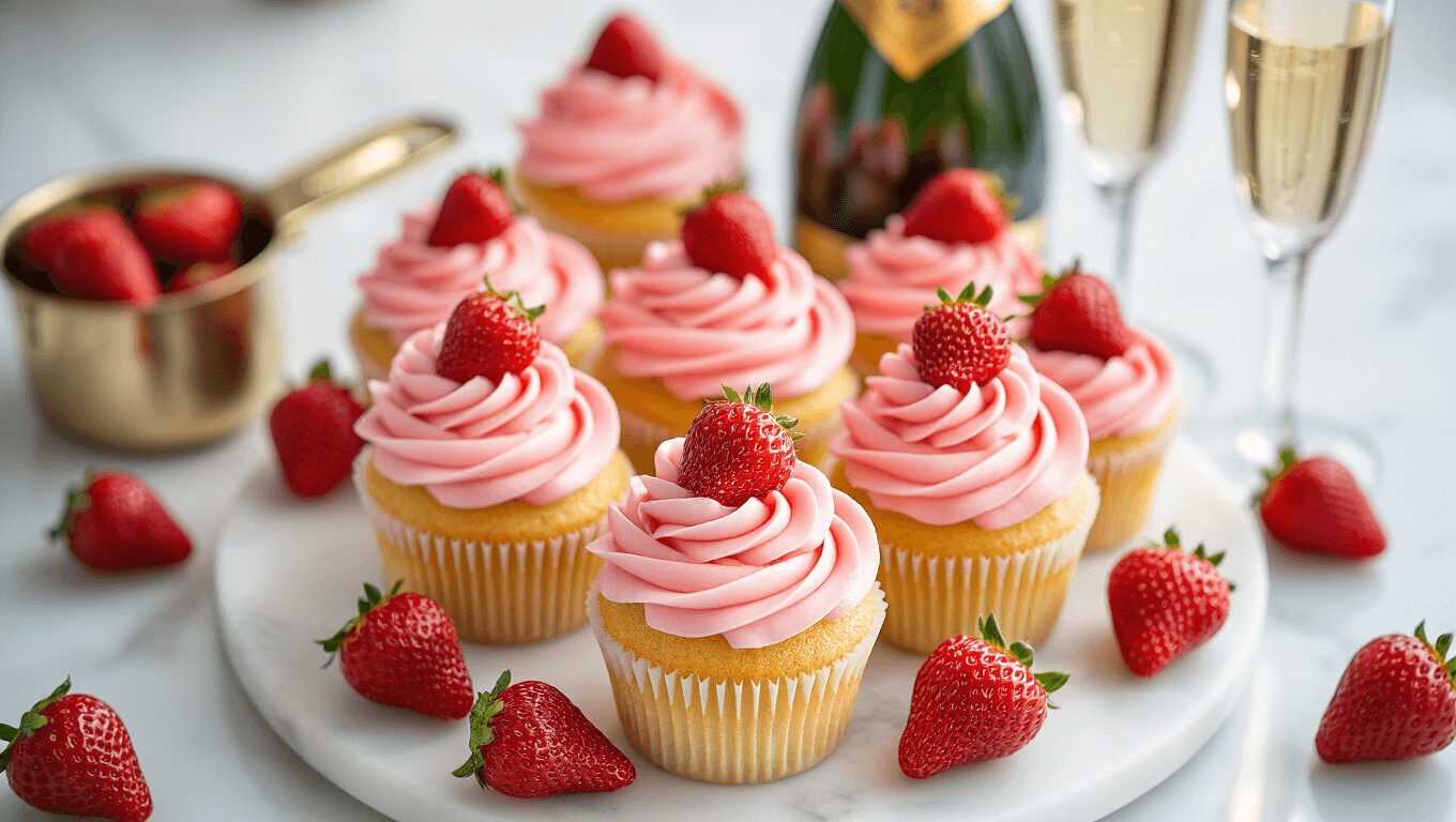 Cinematic overhead view of elegant strawberry champagne cupcakes adorned with swirled pink buttercream and fresh strawberries, alongside a champagne bottle and vintage measuring cups on a white marble surface, captured in soft natural light for a sophisticated celebration vibe.