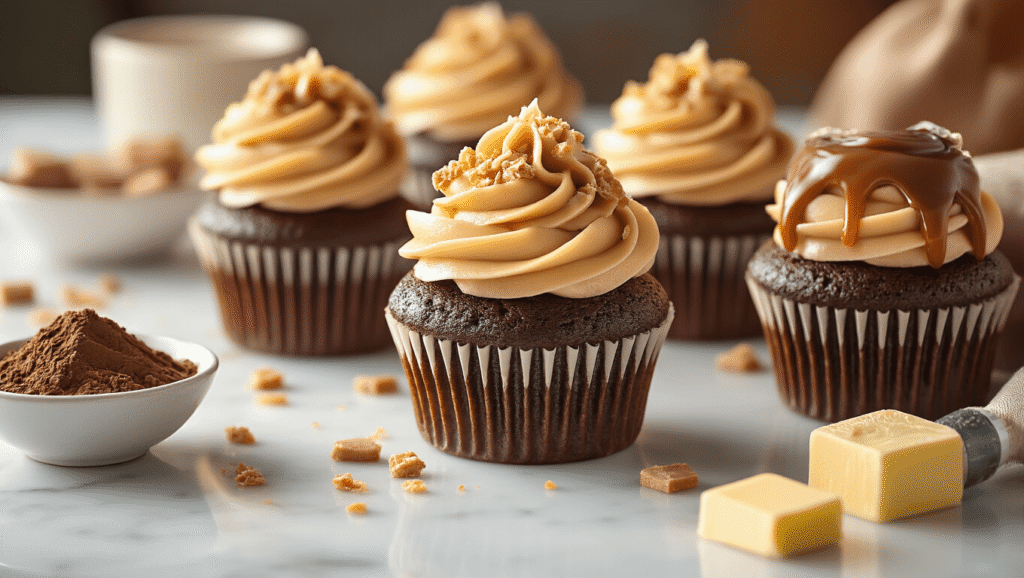 Decadent toffee crunch cupcakes topped with dark ganache and caramel buttercream on a marble counter, featuring dramatic lighting and artfully arranged ingredients.