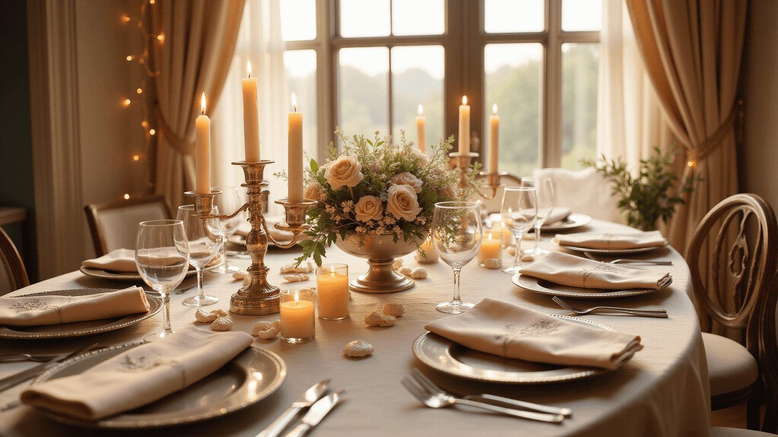 Elegant Victorian-inspired wedding reception tablescape with vintage silver candelabras, glowing candles, ivory silk draping, blush embroidered napkins, and warm golden hour sunlight filtering through ornate windows.