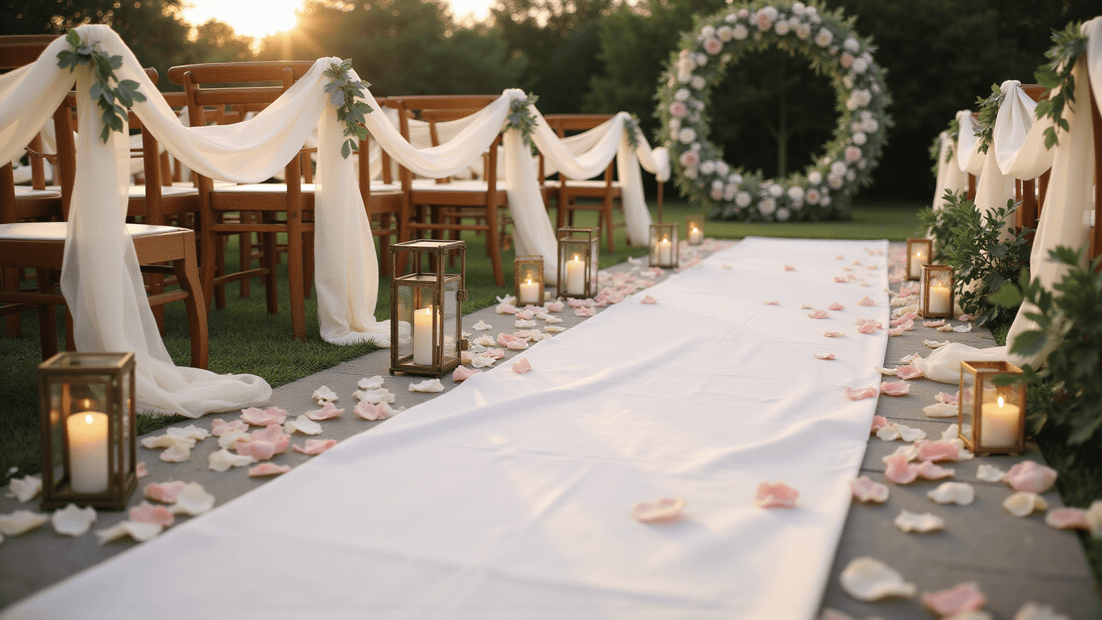 Cinematic overhead shot of an elegant wedding ceremony aisle adorned with blush roses, eucalyptus, and glass lanterns in golden hour light, featuring a white satin runner, scattered rose petals, and a stunning floral arch, creating a romantic and ethereal atmosphere.