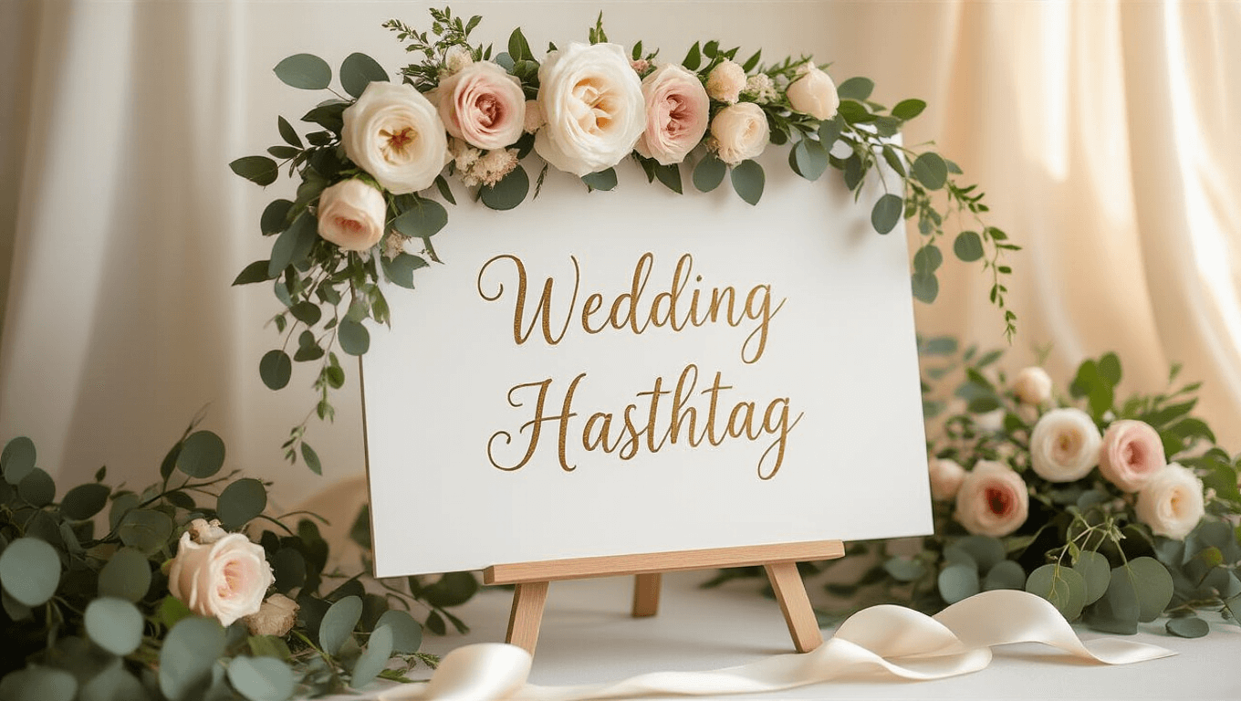 Elegant wedding hashtag sign in gold calligraphy on a white acrylic board, displayed on a stylish easel, surrounded by lush blush and ivory florals, under warm golden hour lighting.