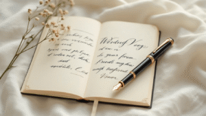 Handwritten wedding vows in elegant calligraphy fill an open journal on a white linen surface, with a rose gold fountain pen and a delicate dried flower beside it, illuminated by soft natural light.