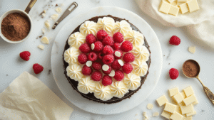 Elegant white chocolate mousse cake on marble surface, dark chocolate base, topped with silky mousse and white chocolate curls, garnished with raspberries, surrounded by measuring spoons and scattered chocolate pieces, warm golden hour glow.