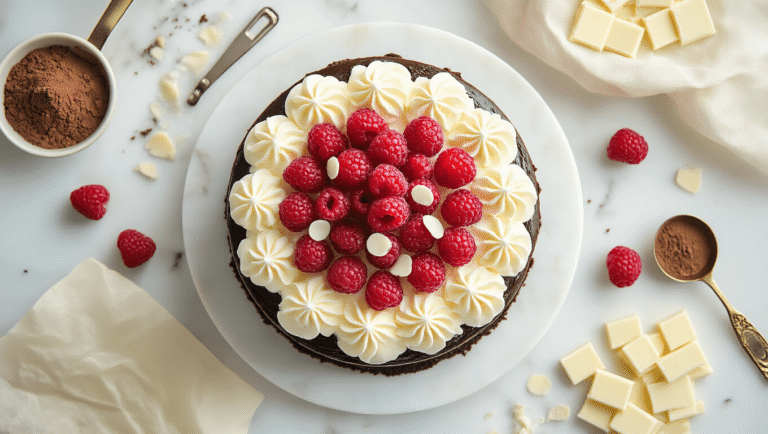 Elegant white chocolate mousse cake on marble surface, dark chocolate base, topped with silky mousse and white chocolate curls, garnished with raspberries, surrounded by measuring spoons and scattered chocolate pieces, warm golden hour glow.