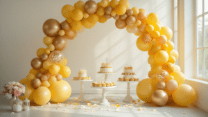 Elegant yellow balloon garland installation with pastel shades and confetti accents, set against a clean white backdrop with a minimalist dessert table and rose petals, bathed in warm natural light.
