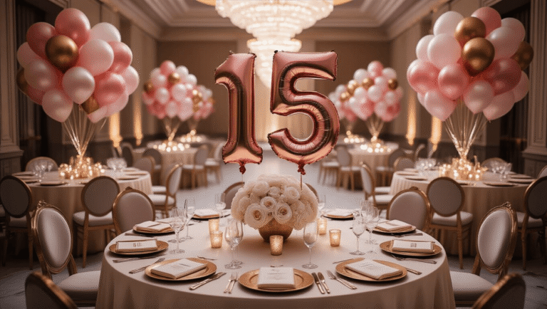 Cinematic overhead view of an elegant ballroom celebration with large rose gold "15" foil balloons, adorned round tables, and luxurious decor, creating a warm, intimate atmosphere.