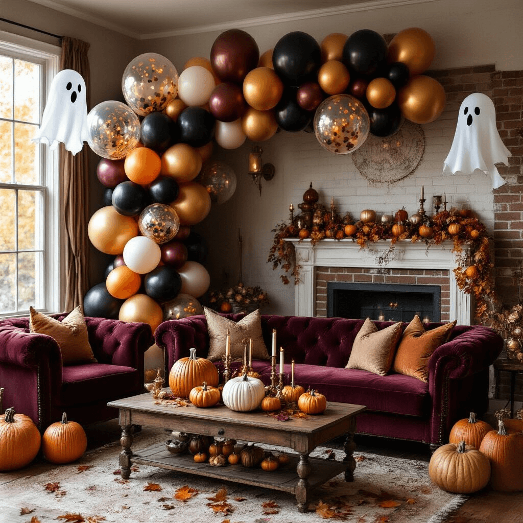 Moody living room during Halloween with autumn-toned balloon decorations, vintage velvet sofa, rustic wooden coffee table with ceramic pumpkin centerpieces, ghost balloons, and warm candlelight creating an elegant yet spooky atmosphere.