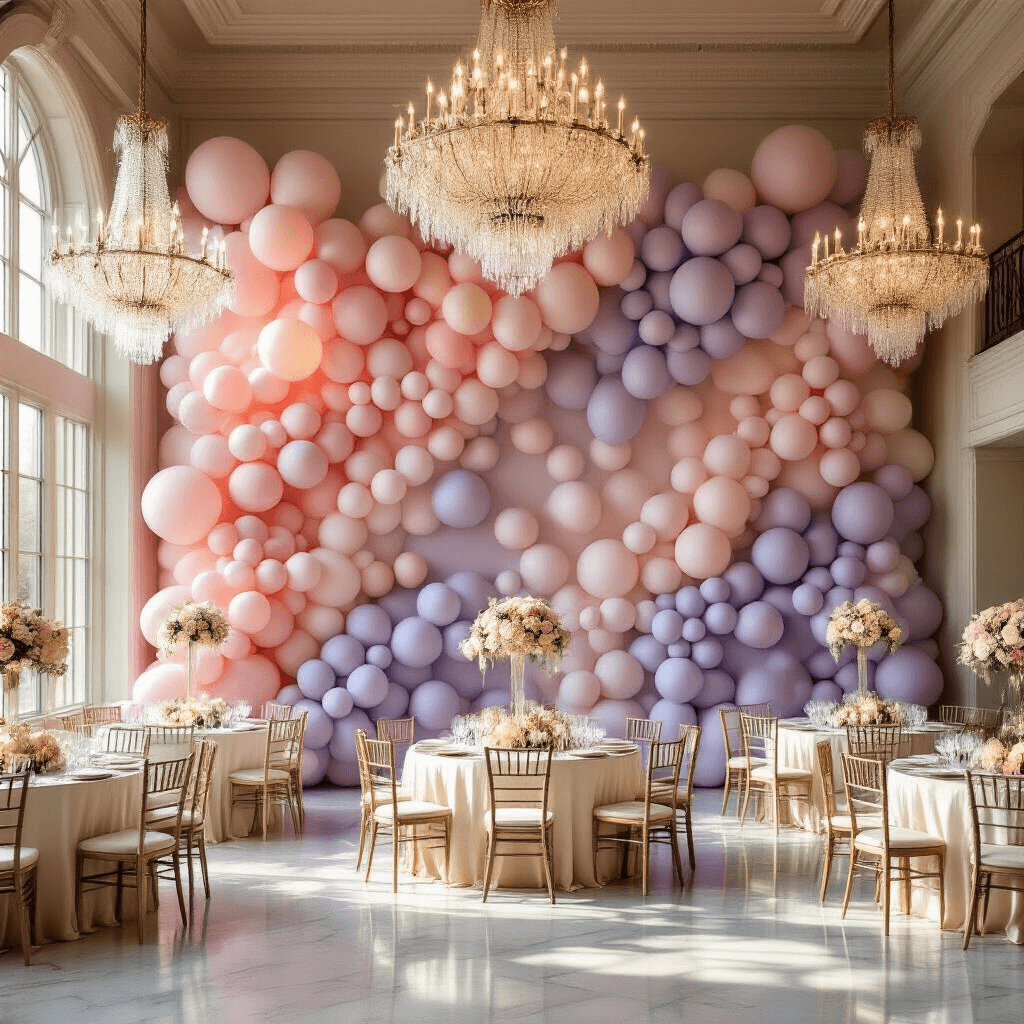 Wide-angle shot of an elegant indoor ballroom featuring a flowing balloon wall in pastel colors, crystal chandeliers casting warm light, ivory-draped tables with balloon centerpieces, and marble floors reflecting ambient lighting.