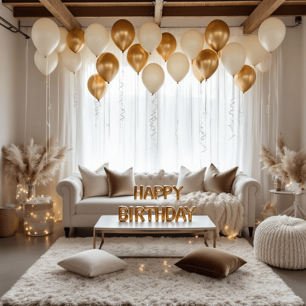 Intimate overhead view of a cozy monochrome birthday celebration in a living room, featuring cream and champagne balloons with metallic gold accents hanging from wooden beams, soft morning light illuminating textured balloon finishes, a low coffee table with velvet cushions, personalized letter balloons, curling ribbons, and battery-powered LED string lights, complemented by layered textiles including silk pillows and a plush rug.