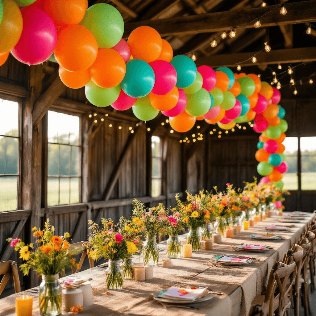 Close-up of a vibrant tropical-themed celebration in a rustic barn, featuring a bold balloon garland in electric orange, hot pink, lime green, and turquoise, with sunlight filtering through barn doors and illuminating mason jar centerpieces filled with wildflowers on burlap-covered tables, complemented by twinkling fairy lights and confetti-filled balloons.