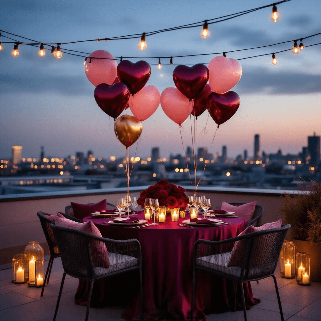 A romantic rooftop terrace at twilight adorned with heart-shaped burgundy and blush balloons, illuminated by candlelight and fairy lights, featuring a deep burgundy silk table for two surrounded by modern outdoor furniture and city lights in the background.
