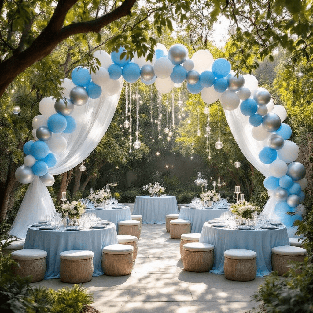 A stylish backyard garden party with an enchanted princess theme, featuring ice blue, white, and silver balloons, elegant draped tables, dappled sunlight, and intimate seating areas, creating a magical yet sophisticated atmosphere.