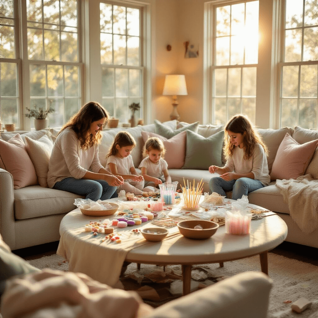 A cozy living room transformed into a DIY workshop, featuring a family crafting session with organized supplies on a round coffee table, soft blush and ivory decor, and golden hour sunlight streaming through tall windows.