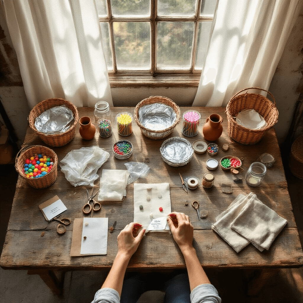 Overhead flat lay of a hot air balloon construction process on a rustic wood table, featuring aluminum foil baskets, rainbow candles, and transparent bags, all bathed in soft morning light with intricate tools and handwritten instructions.