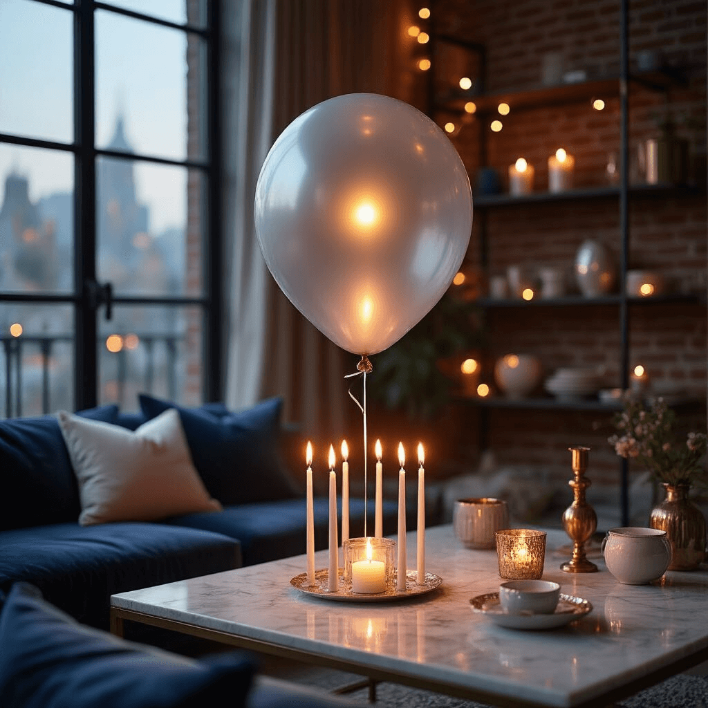 Close-up of a balloon inflating in a stylish modern apartment during a candlelit evening, featuring warm candlelight reflections, velvet navy cushions, a marble coffee table, fairy lights, and a backdrop of exposed brick walls with lavender and silver accents.