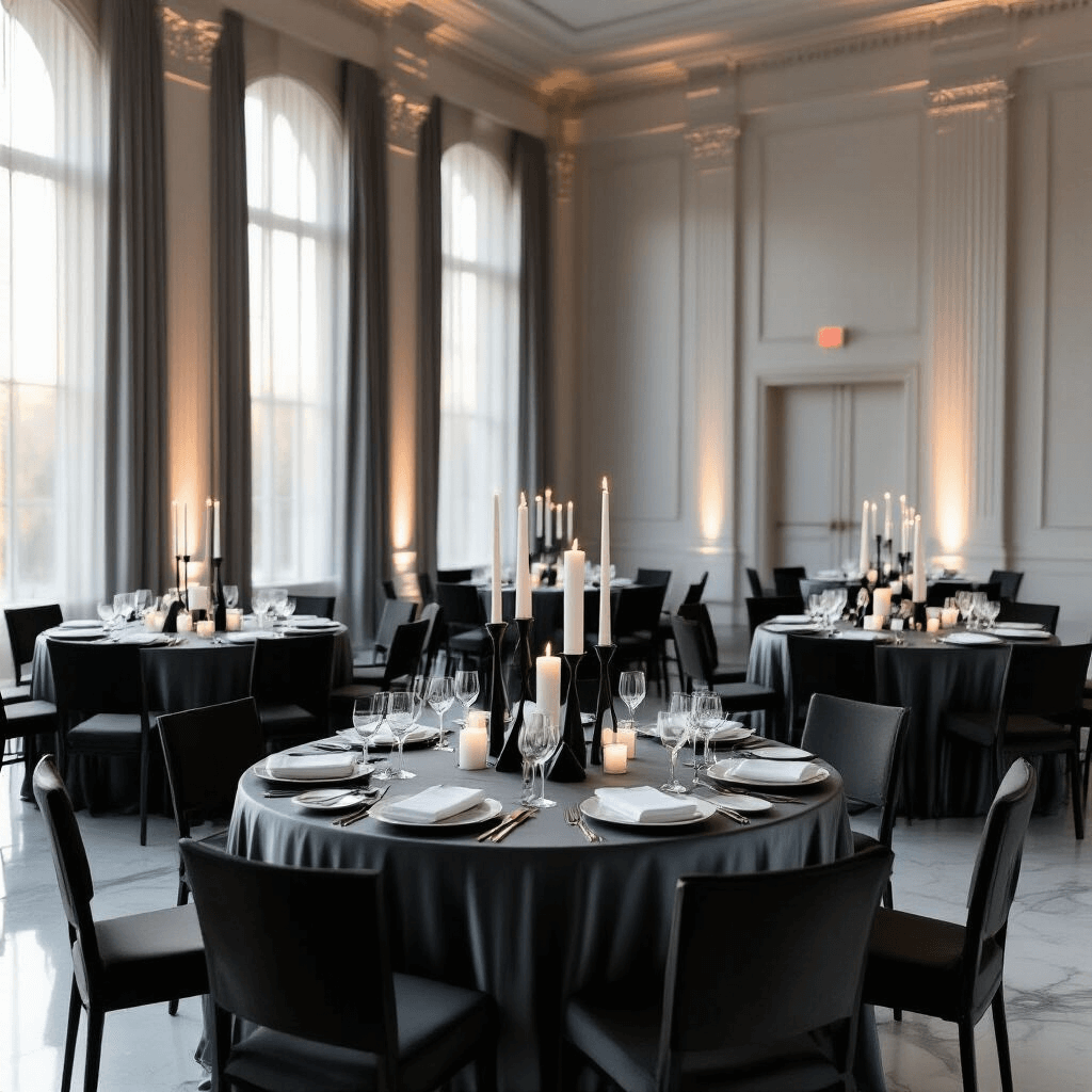 A monochromatic dinner party in an elegant ballroom featuring round tables with charcoal silk linens, white ceramic place settings, and geometric black metal centerpieces surrounded by white pillar candles, all under soft natural light filtering through sheer gray curtains. The scene captures cool-toned whites, soft charcoals, and pewter grays with artistic menu cards in bold Helvetica fonts, presented in a cinematic wide-angle perspective with a grainy, atmospheric quality.