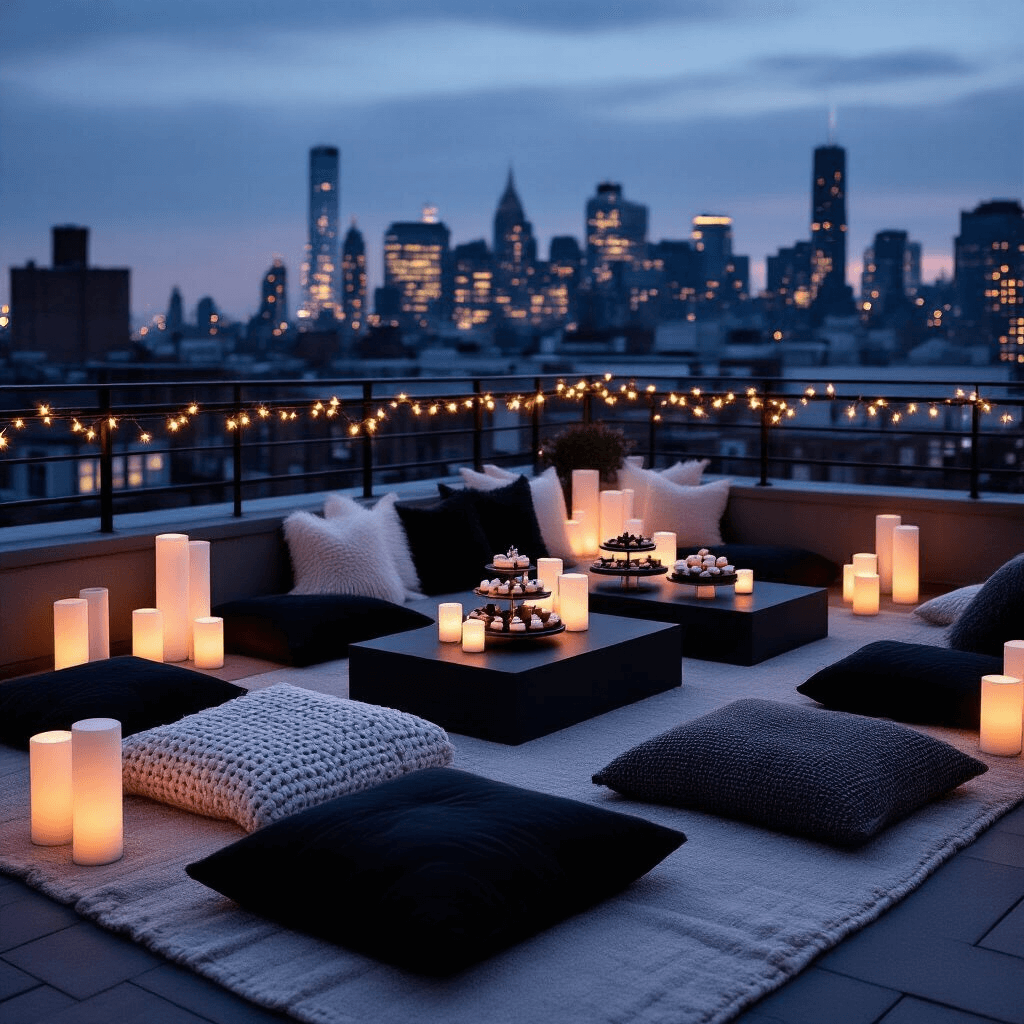 An intimate rooftop terrace at twilight features low tables surrounded by monochromatic floor cushions, illuminated by LED strip lighting and white pillar candles. Dessert displays on black cake stands complement the urban skyline backdrop, while fairy lights enhance the atmosphere against minimalist railings. The scene showcases a blend of textures and asymmetrical balance, with shadows and highlights creating depth.