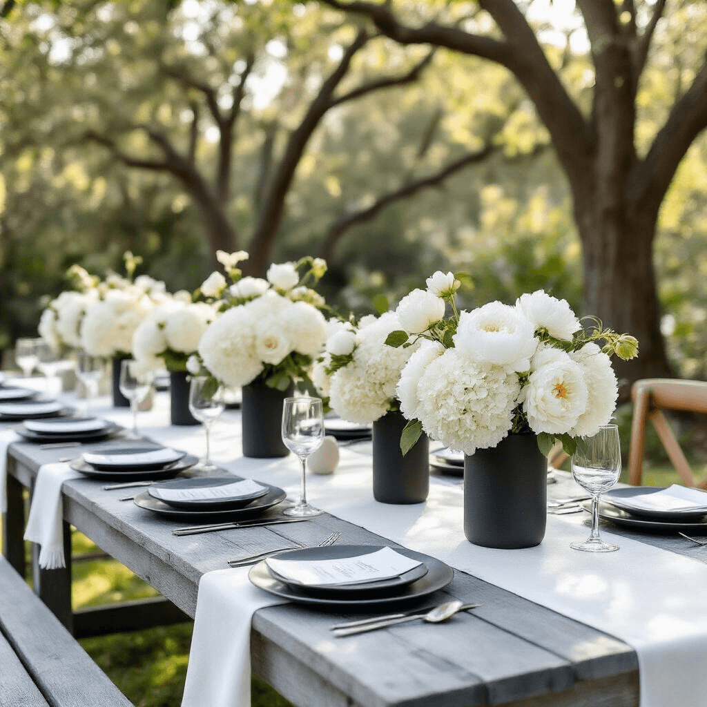 A whimsical garden party setup featuring gray-toned reclaimed wood tables adorned with monochromatic table settings, silk table runners, matte charcoal ceramic dinnerware, brushed gunmetal cutlery, and white floral centerpieces in cylindrical black vases, all under soft morning light with natural architecture from mature trees.