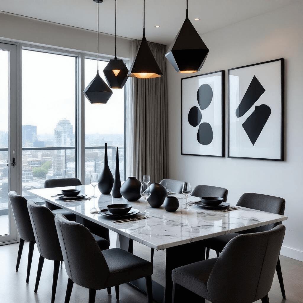 A luxurious modern dining setting featuring a marble-topped table with charcoal upholstered chairs, floor-to-ceiling windows, geometric pendant lights, and monochromatic decor including silk linens and black ceramic pieces, all captured in golden hour light.